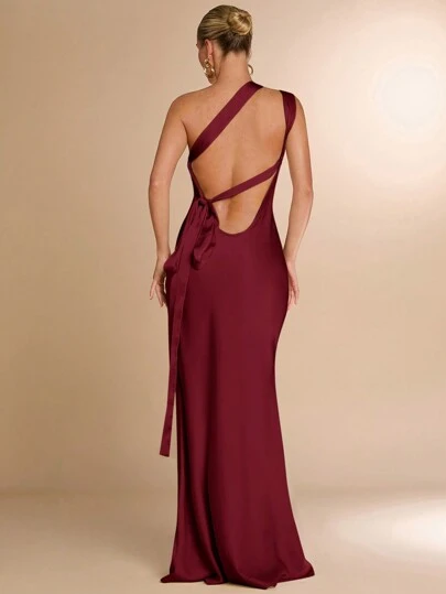 SHEIN BAE 女士杏色缎面不对称单肩镂空露背系带连衣裙，适合派对、鸡尾酒会、正式场合、浪漫约会、伴娘、秋冬季