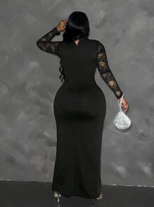 Maweii Plus Size Women Elegant Lace Patchwork Twist Front Solid Knit Long Sleeve Dress Maxi Women Outfit Fall Cloth For Women - Black - View 2