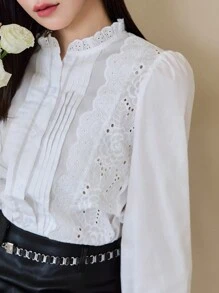 EastFlair Áo cánh tay bèo thêu màu trơn phong cách cung điện mùa thu cho nữ màu trắng - trắng - Xem 7