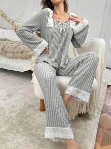 Conjunto de ropa de dormir de manga larga con cuello cuadrado y ribete de color contrastante, de ajuste suelto para primavera y otoño