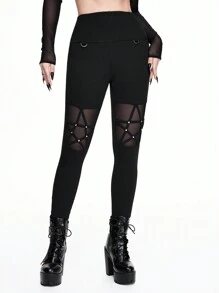 ROMWE Goth Style Pentagram Rivet Mesh Insert Women Stretchy Leggings - Black - View 1