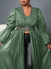 Slaydiva Plus Size Elegant Bubble Sleeve Waist Cinched Wide Swing A-Line Zipper Front Autumn Dress - Army Green - View 6