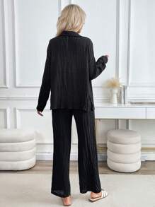 SHEIN PETITE 2pcs/Set Petite Lantern Sleeve Textured Cardigan And Pants Set - Black - View 2