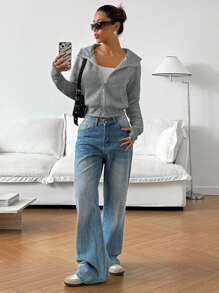 SHEIN EZwear Women Casual Everyday Zipper Front Hooded Pullover Sweatshirt With Raglan Sleeves, Autumn Graduation,Back To School Outfits,Graduation,Teacher Outfits For Women,Back To School