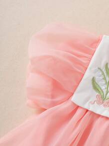 Souflis Souflis Baby Girl Dress Mesh Princess Dress With Floral Embroidery, Bubble Sleeves, Hidden Zipper, Lovely & Sweet Style, Soft And Retro, Suitable For Spring And Summer