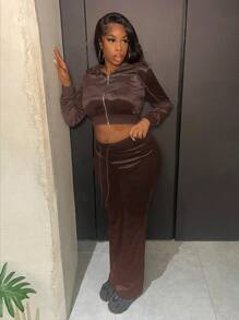 Slaydiva Bộ đồ hai mảnh nhung đen đính đá kim cương giả đơn giản giản dị mùa thu đông có mũ trùm đầu ngắn tay thường ngày có khóa kéo vai quần loe siêu nhỏ có logo khẩu hiệu cho nữ - E - màu nâu - Xem 5