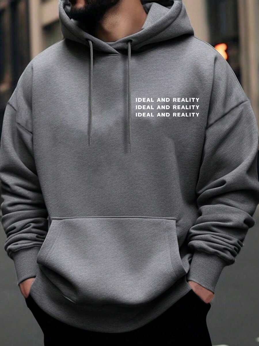 Manfinity Homme 宽松版型男式连帽运动衫，带标语印花和保暖衬里 - 深灰色 - 查看 1