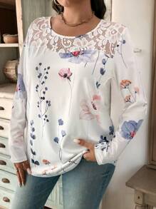 SHEIN LUNE Women Casual Floral Print Contrast Lace Loose Blouse