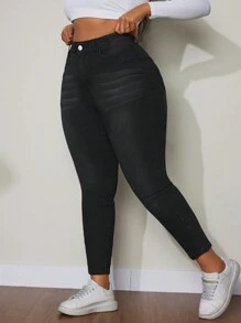 SHEIN ICON Plus Size Women's Slim Fit Denim Pants With Pockets - Black - View 1