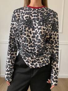 DAZY Women's Solid Color Patchwork Round Neck Long Sleeve Casual T-Shirt Cheetah Print,Fall Clothes Leopard Print - Brown - View 9