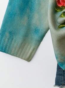 Plus Size Women Digital Floral Print Fashionable Casual Crew Neck Pullover Sweater, Autumn/Winter Knit Pullover Fall Outfit