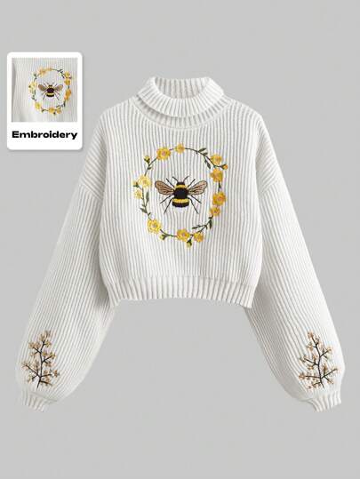 Fairycore 1 pieza Suéter de mujer con manga linterna y bordado de abeja y flor estilo campo