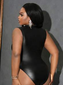 Slaydiva Plus Size Women's Luxury High Neck Rhinestone Front Semi-Sheer Sleeveless Bodysuit, For Winter - Black - View 2