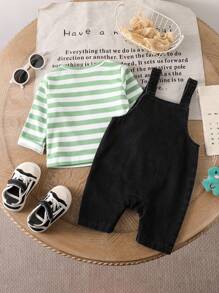 SHEIN 2 件套婴儿/幼儿套装，条纹长袖 T 恤和可爱恐龙背带裤，适合居家和露营，秋季 - 彩色 - 查看 2