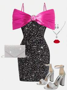 Girlism Teen Girl Elegant Sequins Bow Decor Party Dress, Suitable For New Year