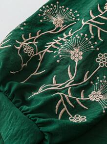 Women's Casual Solid Color Chiffon V-Neck Embroidered Side Regular Plus Size Loose Blouse, Spring/Autumn - Dark Green - View 4