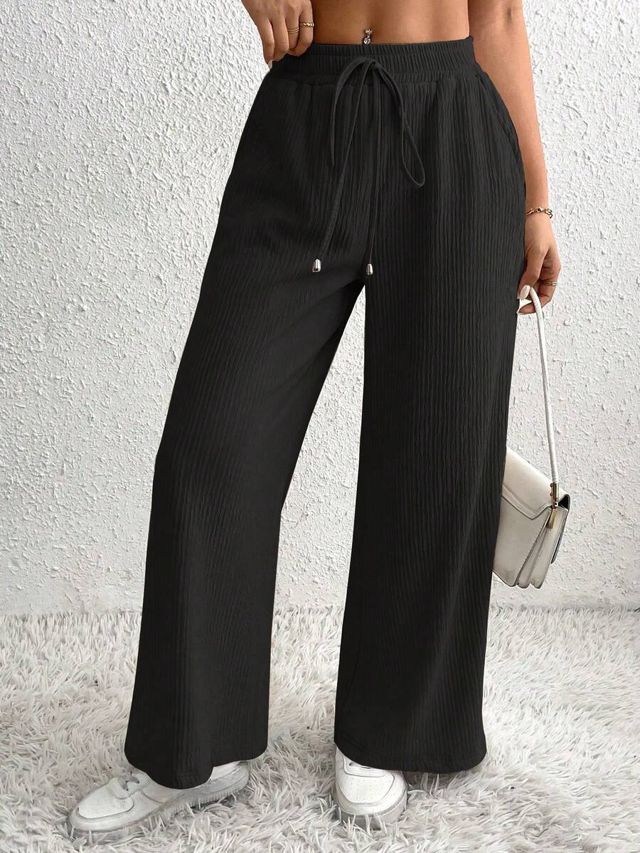 SHEIN PETITE 休闲百搭纯色纹理阔腿裤 - 黑色 - 查看 1