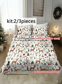 2/3pcs Christmas Bedding Set, Santa Claus, Sled, Snowman, Bells, Reindeer, Christmas Tree Digital Printed Soft Comforter Cover Set, Suitable For Bedroom, Guest Room, Game Room, Hotel, Dormitory, Home Decor