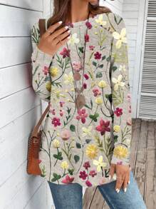 EMERY ROSE 复古花卉图案休闲宽松圆领长袖女式 T 恤，适合秋冬季