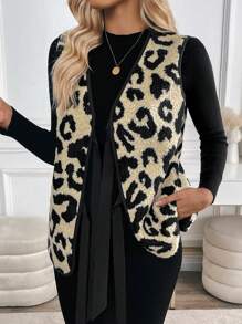 SHEIN LUNE Women Regular Leopard Print Teddy Fleece Vest Jacket (Random Pattern Cutting) - Khaki - View 6