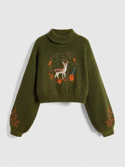 Fairycore Women Deer Embroidery High Neck Dropped Shoulder Loose Knit Sweater