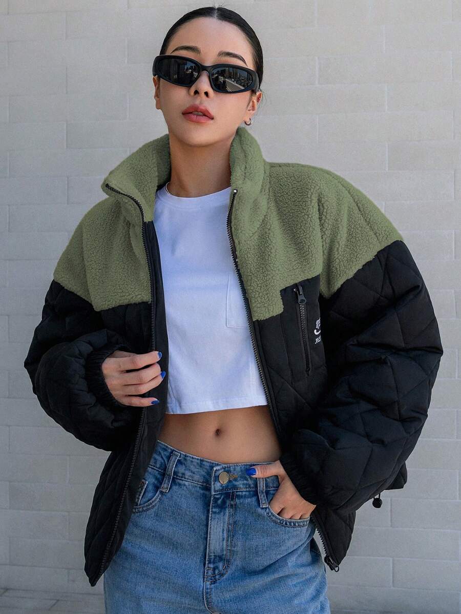 DAZY 女款休閒拼接加厚外套,冬季女裝,冬季女款夾克外套校園風 - 軍綠色 - 查看 1