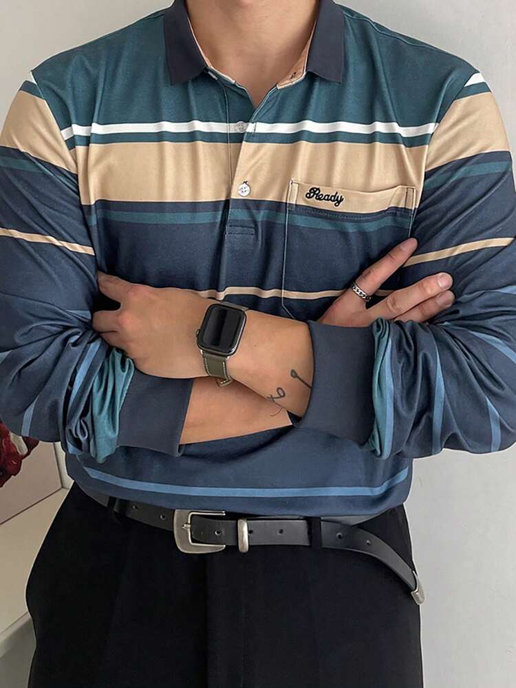 Men's Casual Color Blocking Striped Embroidery Letter Polo Shirt, Autumn Long Sleeve Men Shirt