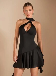 SHEIN BAE Women's Elegant Satin Cocktail Dress With Cutout, Ruffle Trim And Long Ribbons, Suitable For Romantic Dates, Parties, Formal Events, Christmas, And Wedding Guest Dresses, Autumn/Winter