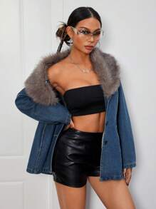 SHEIN Essnce 女士休闲修身长袖牛仔夹克，配撞色人造毛领，蓝色 - 藍色 - 查看 2