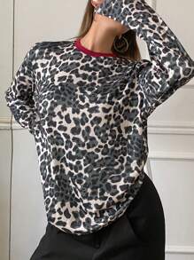 DAZY Women's Solid Color Patchwork Round Neck Long Sleeve Casual T-Shirt Cheetah Print,Fall Clothes Leopard Print - Brown - View 5