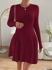 SHEIN Essnce Solid Color Round Neck Ribbed Knit Long Sleeve Dress - Burgundy - View 3