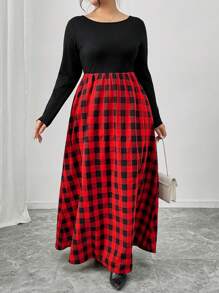SHEIN Frenchy Plus Size Casual Patchwork Plaid Round Neck Long Sleeve Dress For Autumn
