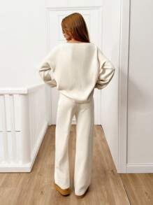 RueChic 2pcs Set Elegant Knitwear With Drawstring, Includes Long Sleeve Cardigan And Pants - Beige - View 4