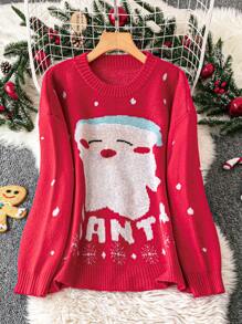 SHEIN LUNE Suéter casual de cuello redondo de manga larga con gráfico de letras navideñas para mujer de talla grande, suéter de punto de otoño/invierno - Rojo y blanco - Ver 1