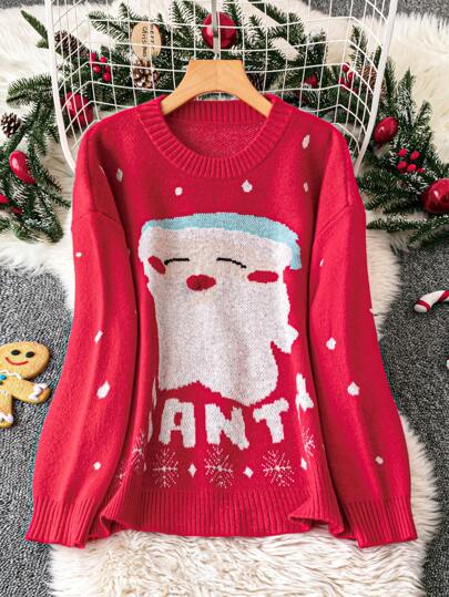 SHEIN LUNE Suéter casual de cuello redondo de manga larga con gráfico de letras navideñas para mujer de talla grande, suéter de punto de otoño/invierno