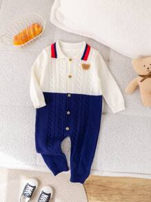SHEIN Newborn Baby Boys/Girls Casual Cute Bear Graphic Contrast Color Warm Sweater Jumpsuit, Suitable For Autumn/Winter Indoor & Outdoor Wear