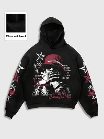 Street Life Sudadera con capucha casual para hombres con estampado de letras y retratos