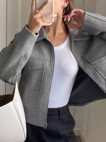 DAZY 1pc Women's Solid Color Loose Long Sleeve Zipper Collar Jacket,Fall Women Clothes Women Coats - Grey - View 9