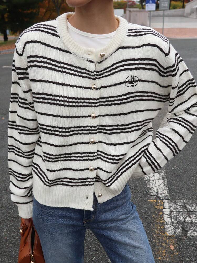 1pc Women Loose Fit Round Neck Long Sleeve Cardigan With Letter Embroidery & Contrast Color,Fall Women Clothes