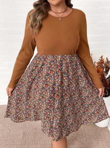 SHEIN VCAY Plus Size Khaki Patchwork Ditsy Floral Round Neck Long Sleeve Midi Dress, Colorblock Casual Warm Thanksgiving Dress