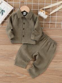 SHEIN Baby Boy Long Sleeve Shirt And Pants Set - Textured Fabric, Suitable For All Seasons - Army Green - View 1