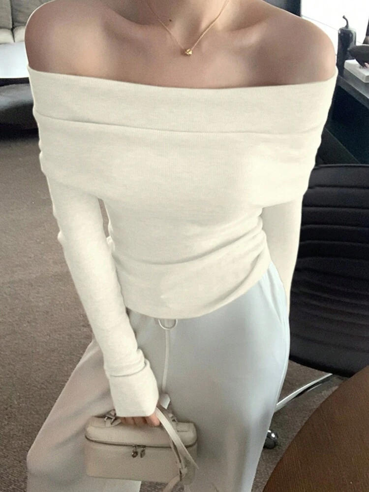 Women Solid Color Off Shoulder Long Sleeve Slim Fit Sweater, White, Suitable For Autumn & Spring,Back To School Clothes,Fall Women Clothes