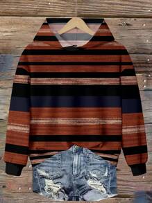 SHEIN LUNE Casual Minimalist Striped Retro Print Hoodie Sweatshirt, Suitable For Autumn/Winter - Multicolor - View 1