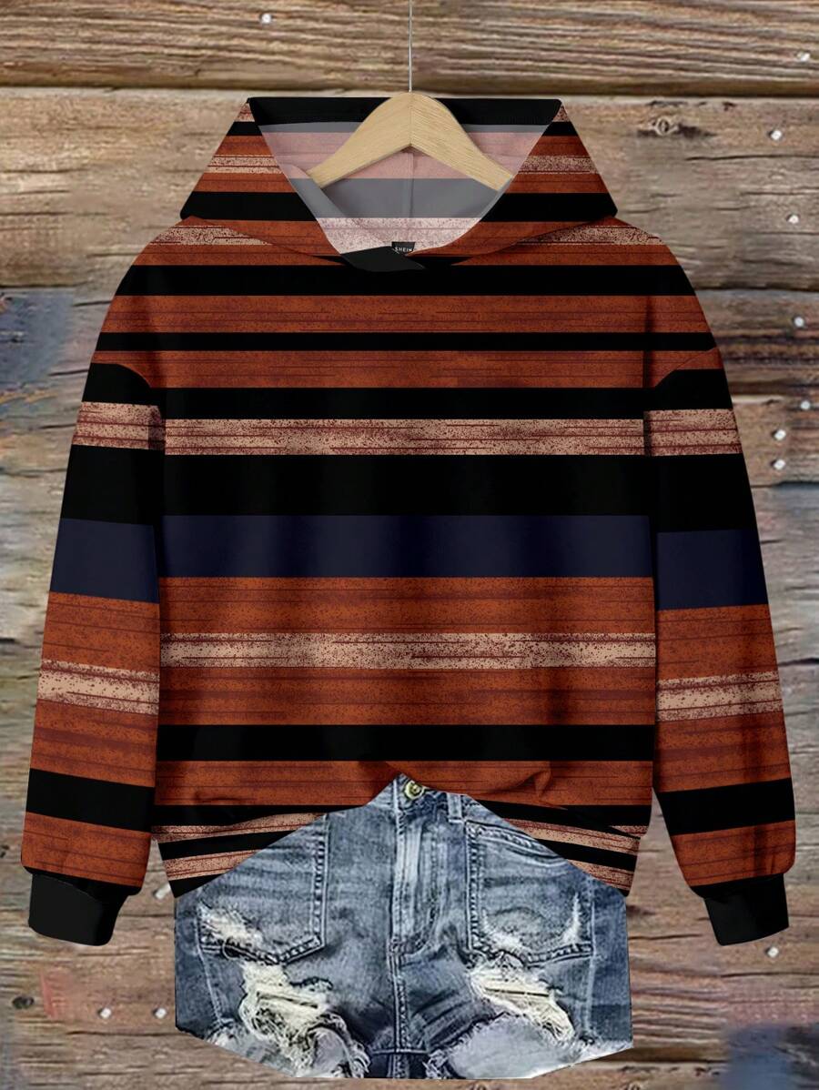 SHEIN LUNE Casual Minimalist Striped Retro Print Hoodie Sweatshirt, Suitable For Autumn/Winter - Multicolor - View 1
