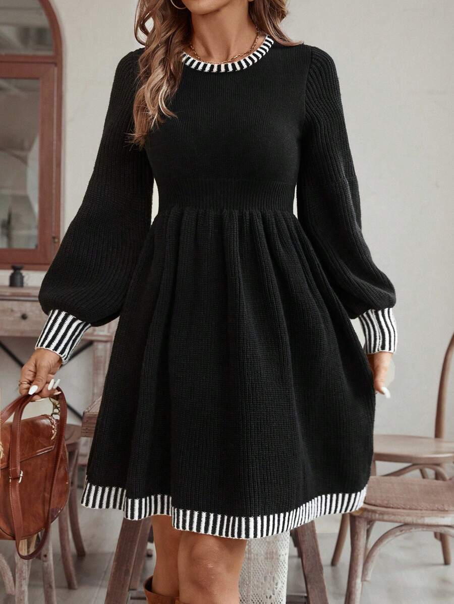 SHEIN VCAY Đầm dệt kim đi nghỉ thường ngày dáng chữ A, eo màu khối, tay áo, cổ tròn cho nữ, mùa thu/đông - màu đen - Xem 1