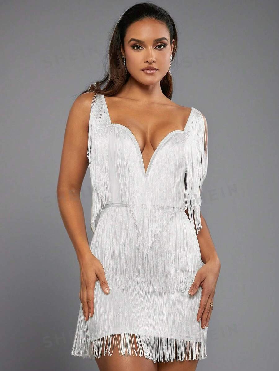 Silquee Vestido Sin Mangas Con Espalda Abierta Y Adornos De Flecos Para Mujer