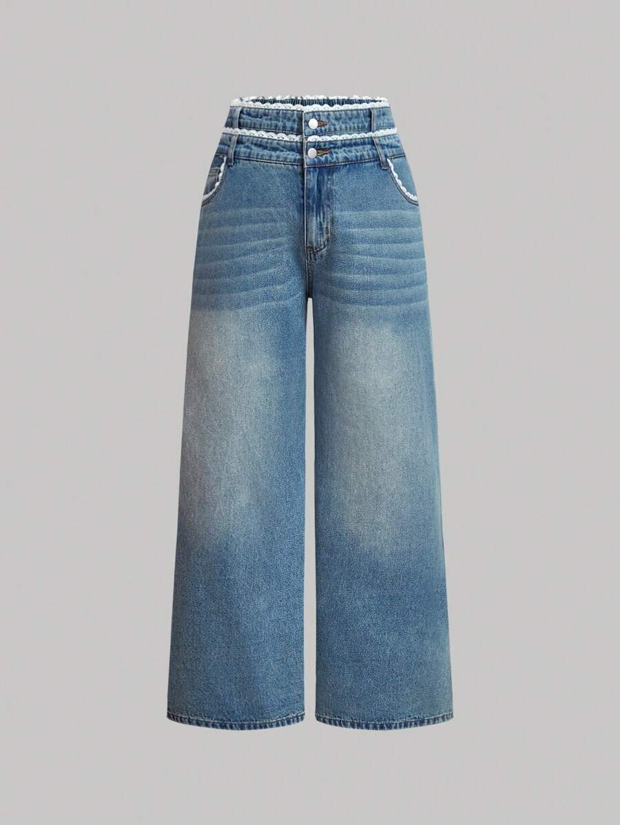 SHEIN MOD Plus Size Denim Jeans, Sweet Lace Patchwork Double Waistband Wide Leg Pants, Blue Color - Medium Wash - View 1
