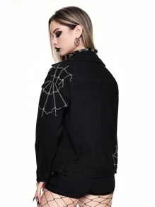 ROMWE Gothic Spider Web Embroidery Loose Straight Denim Jacket For Women - Black - View 5