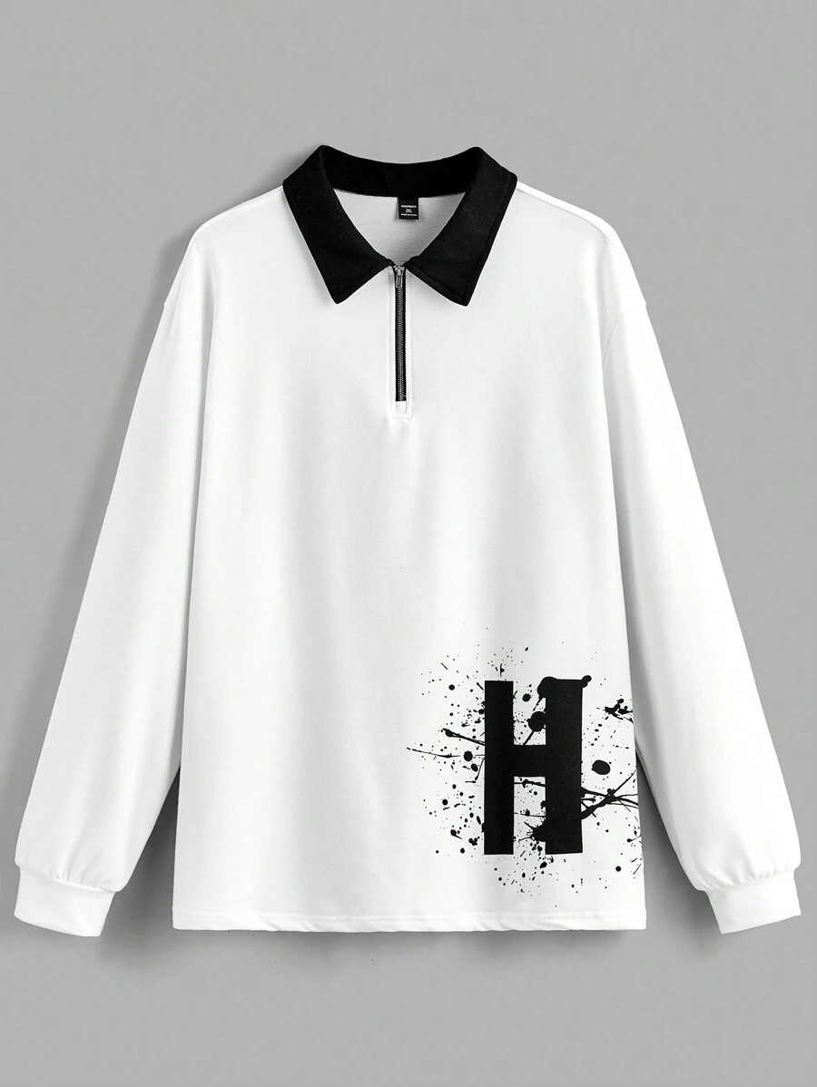 Mainfolk Plus Size Men's Black & White Long Sleeve Knit Polo Shirt - White - View 1