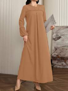 Al Najma Đầm Ả Rập thanh lịch tay đèn lồng trang trí nút màu trơn cho nữ, Đầm dài tay giản dị giản dị, dành cho trang phục thường ngày/mặc ở nhà - Màu Khaki - Xem 7